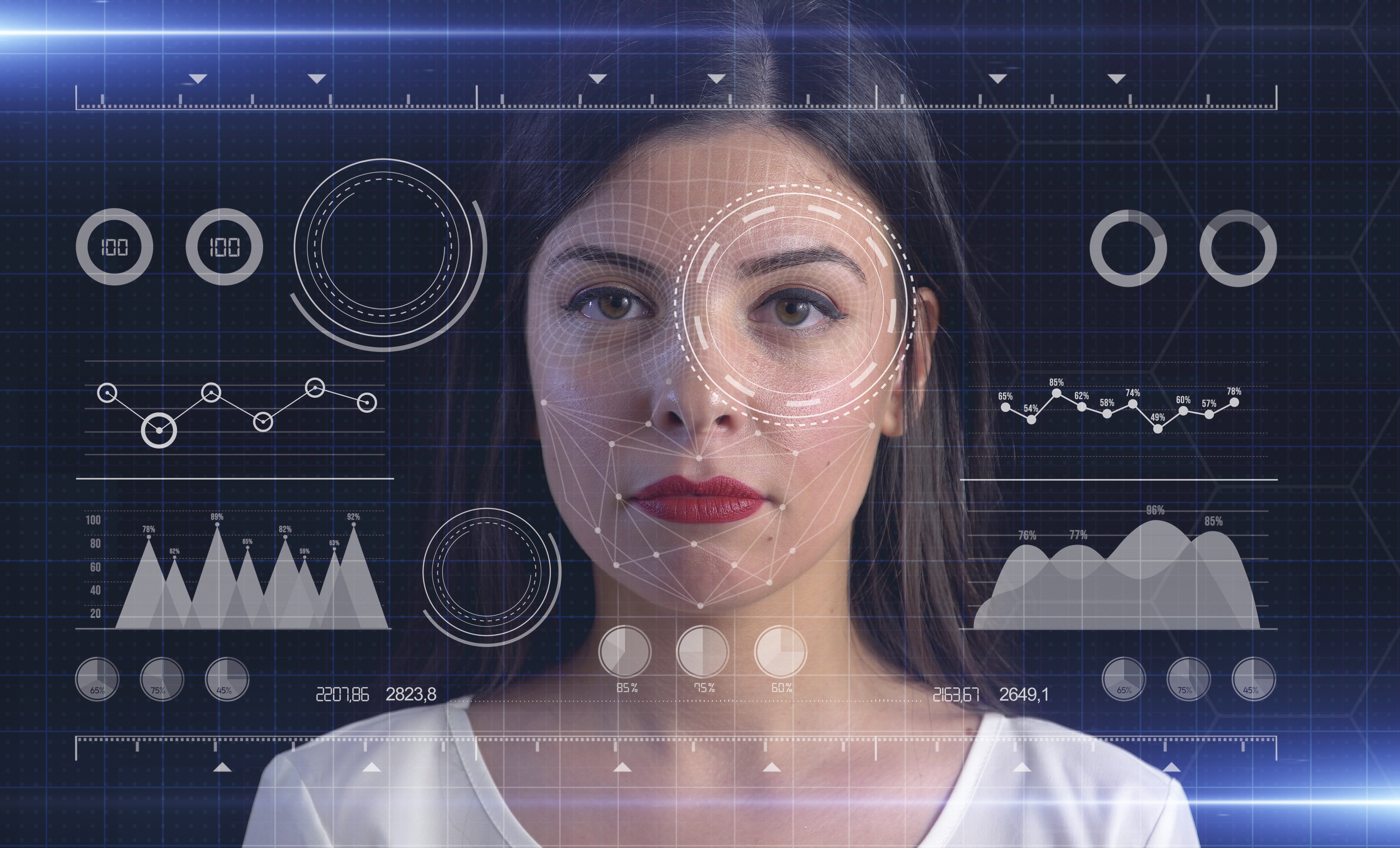 Lady with AI (Artificial Intelligence) data analytics displayed